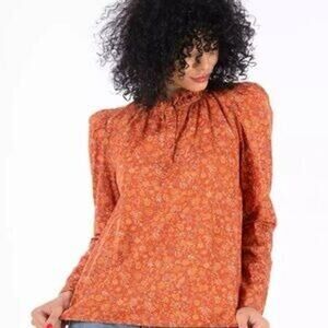 House of Harlow 1960 Floral Blouse Red Ruffle Neck Cotton Long Sleeve Size XS